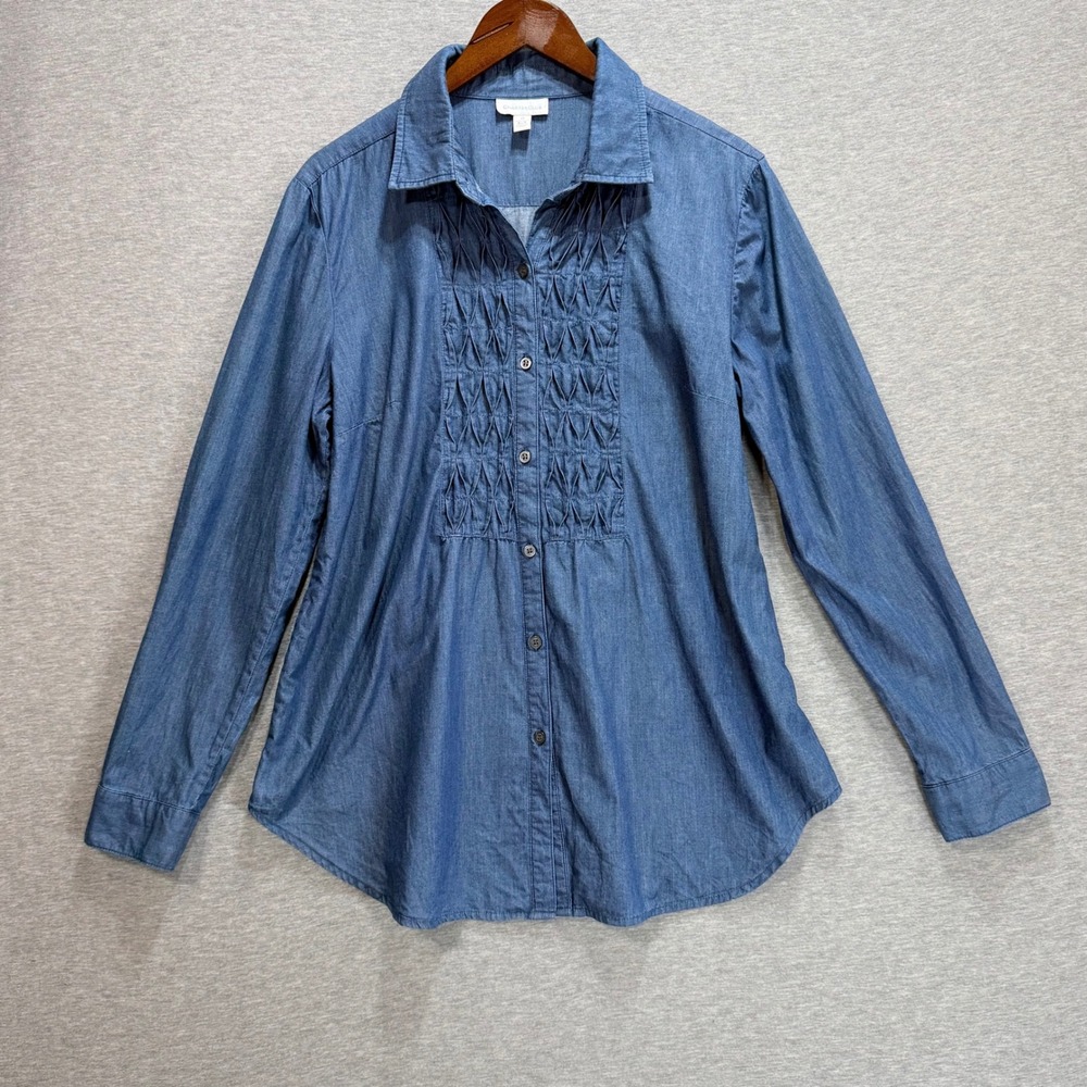 Charter Club Button Down Shirt Womens 14 Blue Denim Smocked Bib Top Minimalist